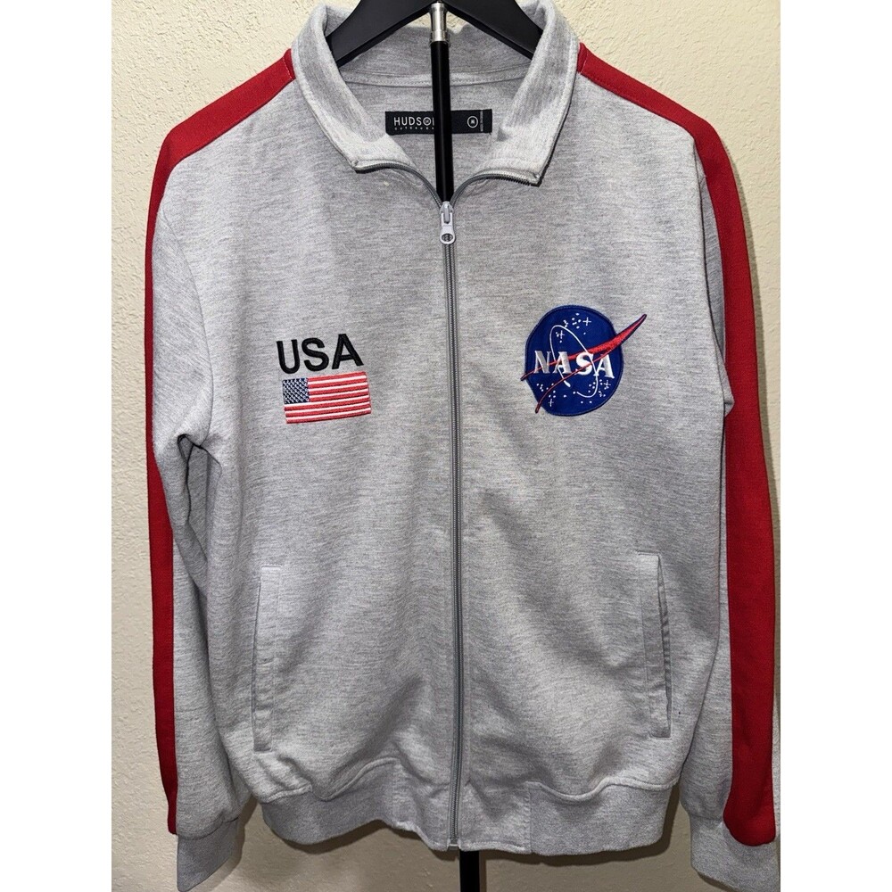 NASA Hudson Brand USA Zip Up Jacket Grey & Red Size Med 2 Small Spots On Back